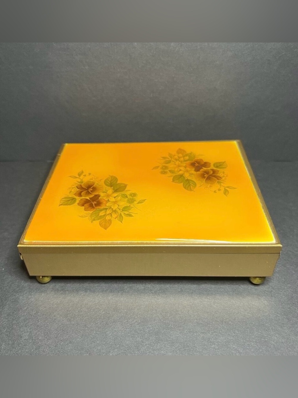VTG MCM Brass Tone Metal Enamel Floral Print Red Velvet Lined Jewelry / Pill Box